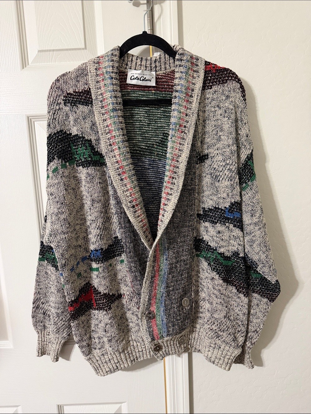 Vintage Carlo Colucci Abstract Knit Cardigan Coogi Style Oversized Sweater L/XL